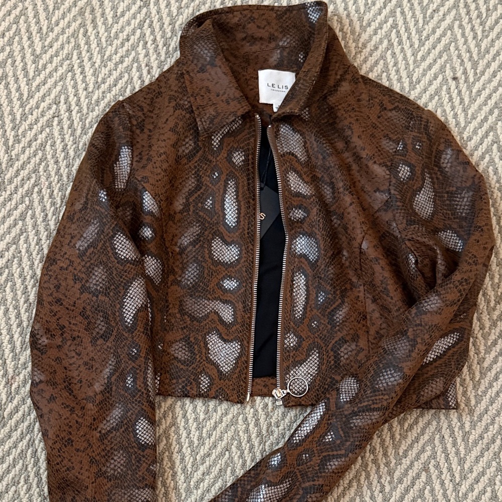 Le Lis Brown Snakeskin-Print Cropped Leather Jacket
